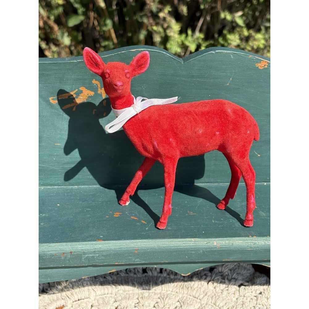 Vintage MCM 1960s Christmas Deer Red Flocked Red Deer Kitschy  Holiday
